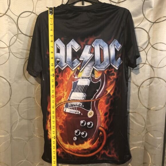 AC/DC Flaming Guitar L Silky Lightweight Double Sided AOP T-shirt Rock N Roll - Picture 3 of 4